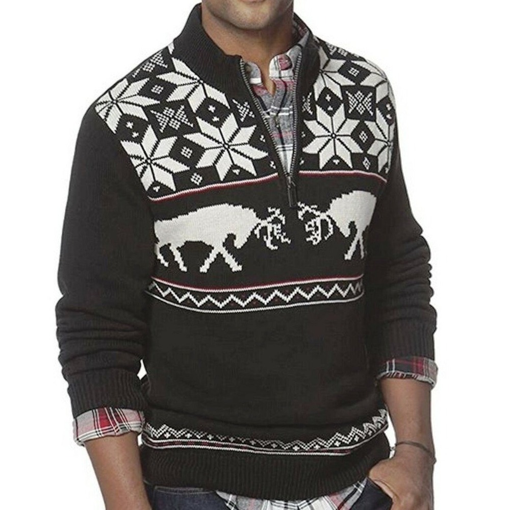 Chaps Fair Isle 1/4 Zip Sweater Mens L Black Reindeer Snowflake Nordic Cotton